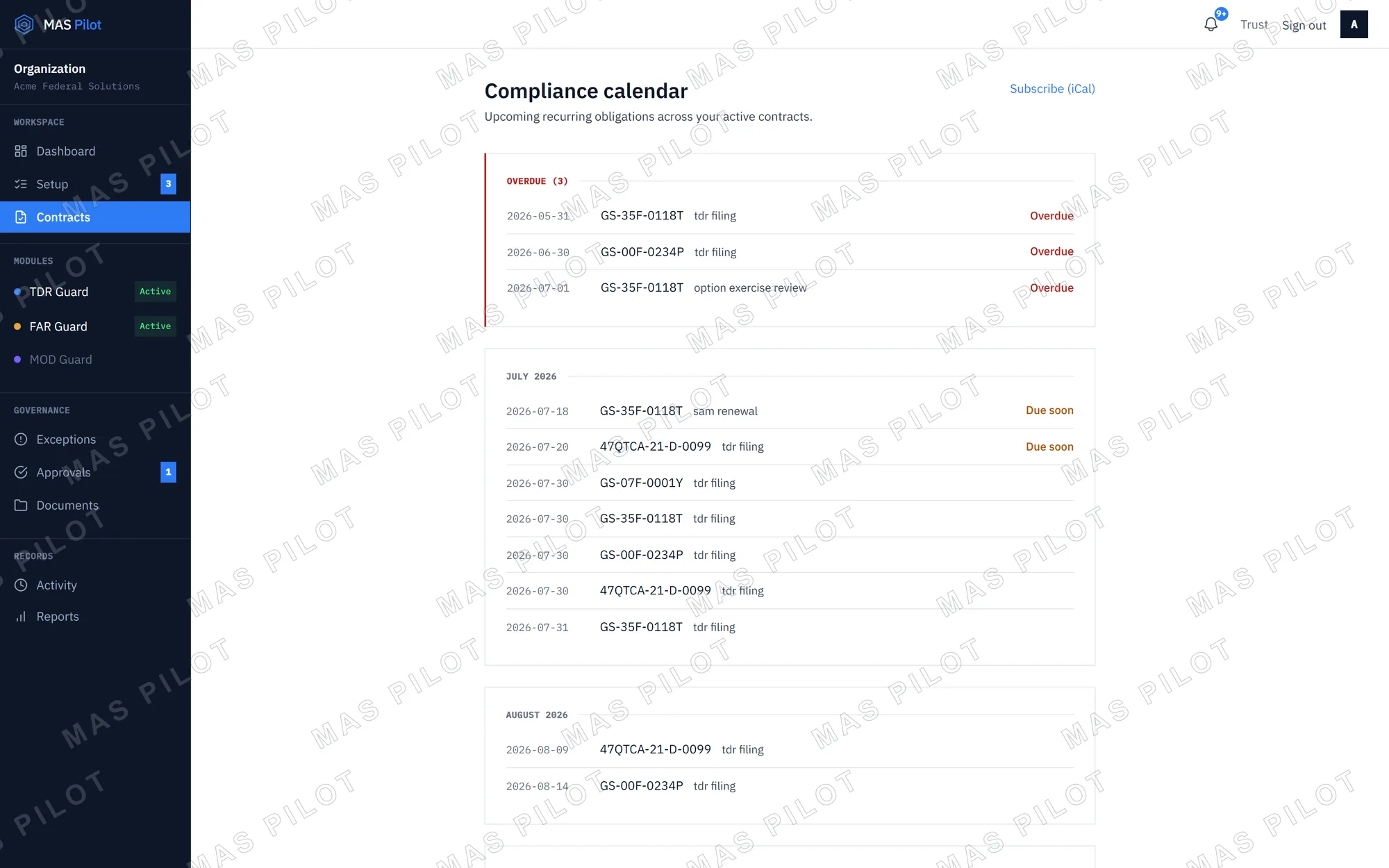 Compliance calendar grouping upcoming recurring obligations by month, with overdue items flagged in red and an iCal subscription link